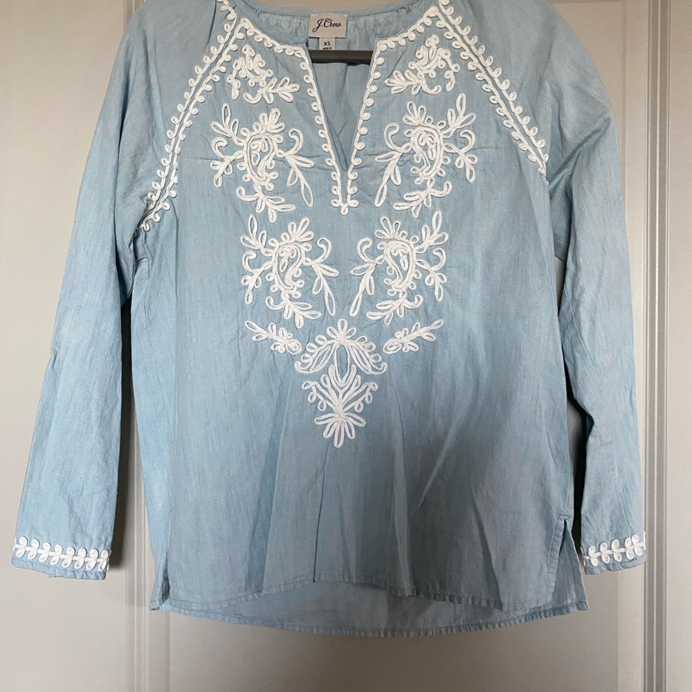 J. Crew Blue Embroidered 3/4 Sleeve Blouse